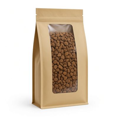 Sac kraft à fond plat, zip et fenêtre, rempli de croquettes