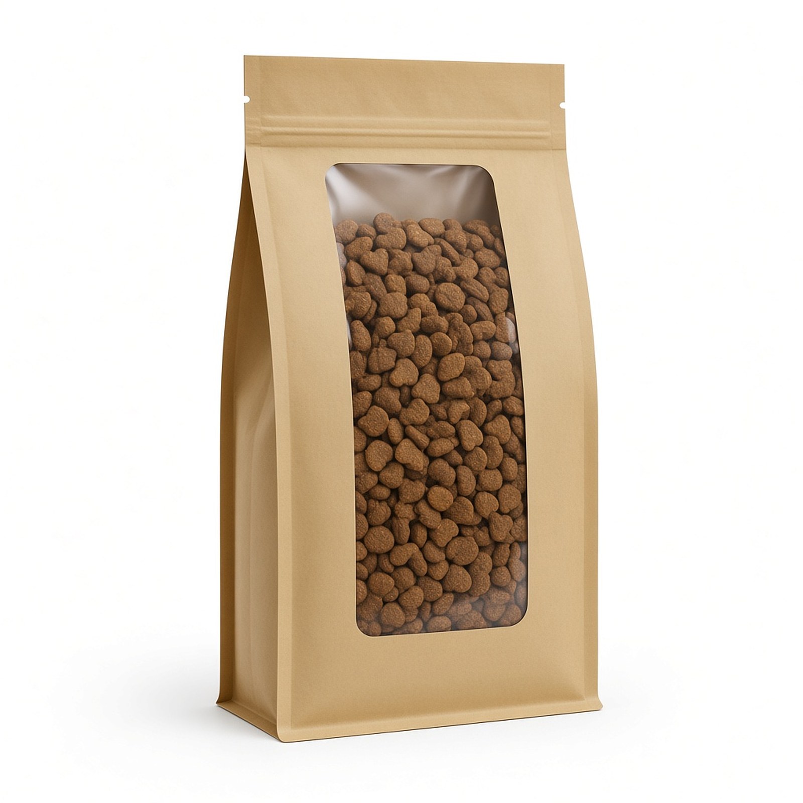 Sac kraft à fond plat, zip et fenêtre, rempli de croquettes